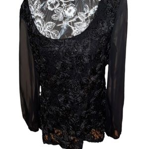 Marina large black lace long sleeve dressy top scoop neck full back zip